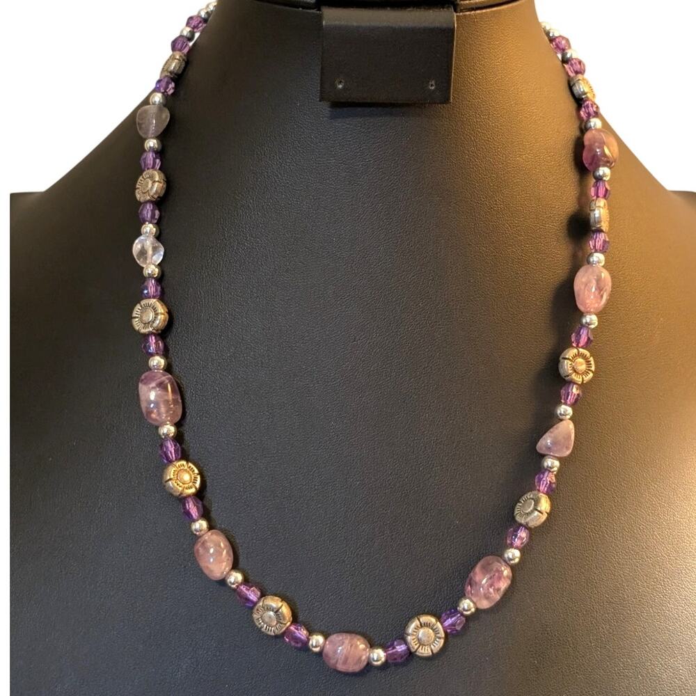 Amethyst Stone Purple Glass & Silver Tone Flower Bead 19.5"-22" Necklace